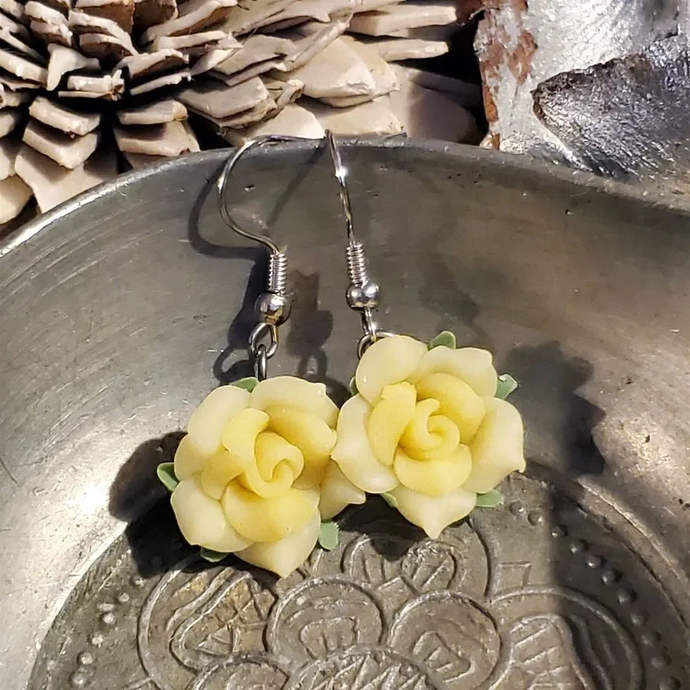 Hand Crafted Fimo Polymer Clay Yellow Rose Flower Bead Dangle Earrings